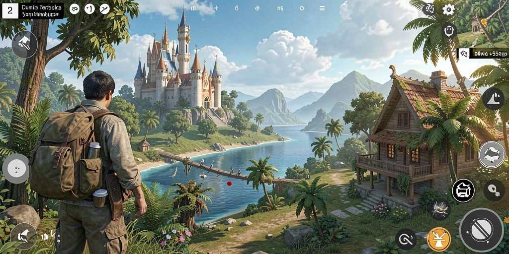 Screenshot gameplay 55RP menampilkan eksplorasi dunia terbuka yang indah.