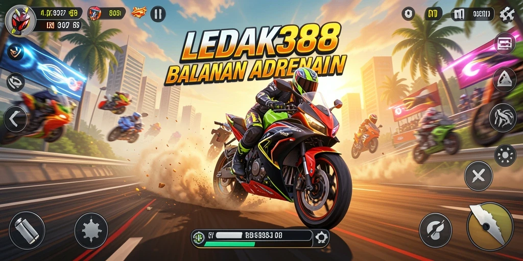 Screenshot utama LEDAK388 menampilkan aksi balapan motor yang mendebarkan.