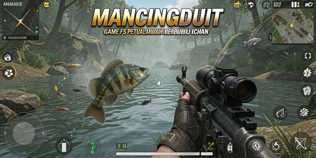 Screenshot gameplay MANCINGDUIT yang menunjukkan aksi memancing yang seru.
