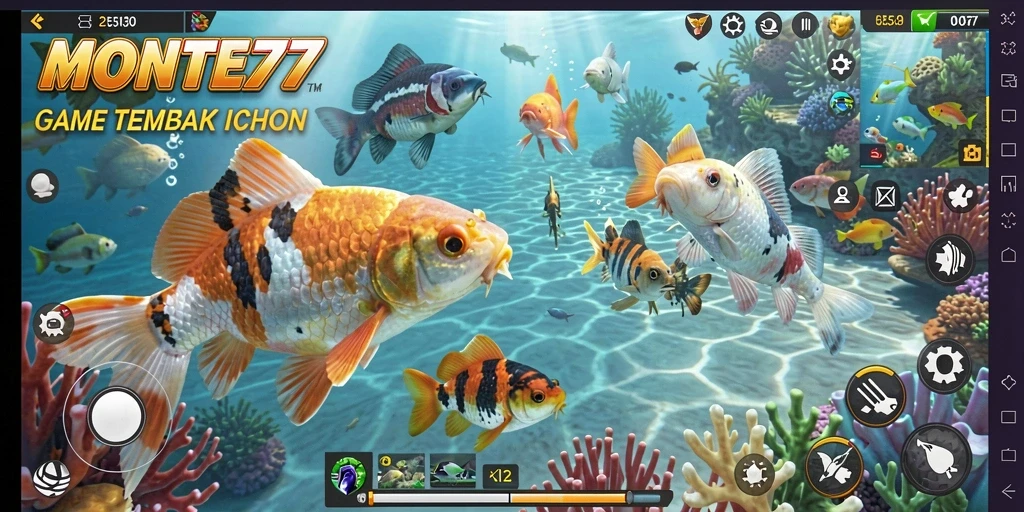 Tampilan gameplay seru dari MONTE77 saat menembak ikan.