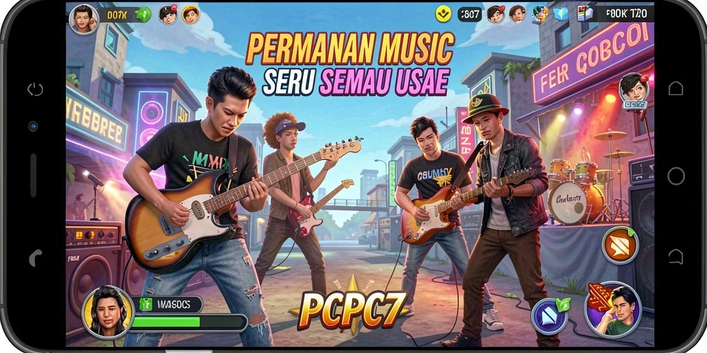 Tampilan gameplay PCPC7 yang menarik dan penuh warna saat memainkan musik.